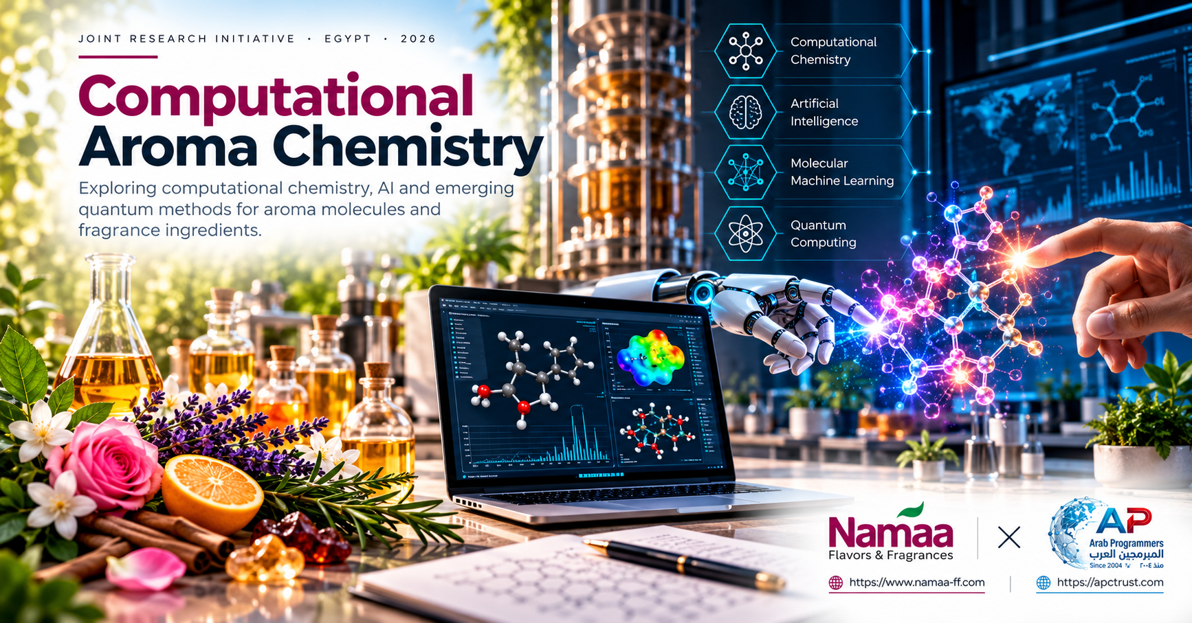 Computational Aroma Chemistry research initiative by Namaa NFF and Arab Programmers Co. integrating computational chemistry, AI, molecular machine learning and quantum computing